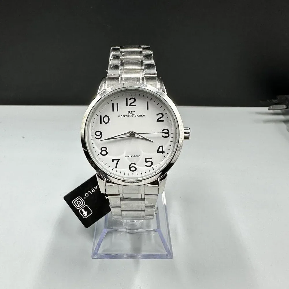 Montres Carlo Watch Men Silver Tone White Dial Round 38MM New Battery 8.25
